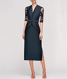 economico -Abito tubino abito madre della sposa abito smoking elegante collo a V lunghezza caviglia satin maniche a metà con pizzo colore solido taglia personalizzata gratuita