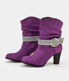 abordables -bottines en faux daim violet pour femmes avec bride à paillettes et boucle dorée, bottines à talons hauts élégantes pour les fêtes et les tenues de soirée