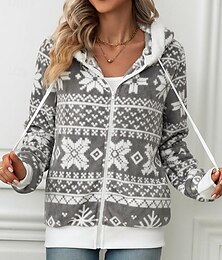 abordables -Chaqueta polar para mujer, con forro de sherpa, capucha, cremallera completa, estampado de copos de nieve de invierno, gris y blanco, cálida y acogedora, ropa de abrigo informal en varios tamaños