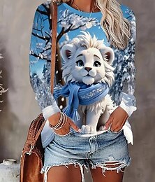 baratos -Camisa T Feminina Manga Longa Pullover Gola Careca Inverno Impressão de Filhote de Leão Tops Casuais Macios Confortáveis Moda Uso Diário Saídas Azul Branco Cinza Ajuste Regular