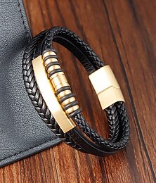 economico -Bracciale da uomo in similpelle intrecciata nera con chiusura magnetica in oro – moderno braccialetto casual con accenti di perline, perfetto per l'uso quotidiano e come regalo