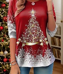 abordables -tunique de Noël pour femme à manches 3/4, imprimé sapin de Noël, décontractée, extensible, rouge, blanc, flocon de neige, col ras du cou, vêtements d'hiver festifs
