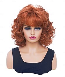 economico -Parrucche corte per donne parrucca vintage riccia bruna con frangia parrucca sintetica a lunghezza spalla naturale per cosplay carnevale uso quotidiano parrucche di Halloween