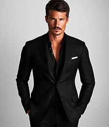 economico -Completi da matrimonio in lino da uomo neri moda quotidiana tinta unita taglio standard 2 pezzi con doppiopetto due bottoni