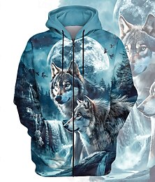 abordables -Hombre Lobo Sudadera Sudaderas Sudadera Manga Larga Sudadera con capucha Con Capucha Moda Impresión 3D Festivos Viaje Azul Piscina Cremallera Bolsillo Correa Otoño Invierno Diseñador