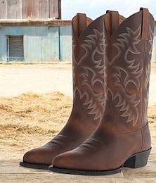 economico -stivali da cowboy western da uomo in similpelle marrone e nero vintage con ricami intricati - resistenti ed eleganti per rodeo e uso quotidiano