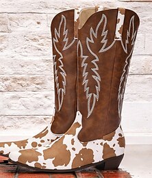 abordables -bottes de cowboy western marron et blanc à imprimé vache pour hommes – design en similicuir brodé, parfaites pour les rodéos, les tenues décontractées et la mode country