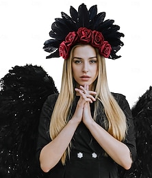 economico -fascia floreale con piume nere e rose rosse per donna – corona floreale gotica per Halloween, feste in maschera e festival