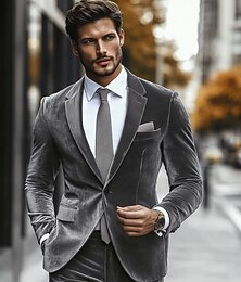 お買い得  -男性用 結婚式 パーティーイブニングウェア スーツ ノッチドラペル グレー ファッション 日常 ソリッド スタンダードフィット 2点セット シングルブレスト 一つボタン