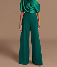 abordables -Combinaisons pour invitées de mariage élégantes réception de mariage formelle longueur de sol manches courtes épaule unique crêpe extensible avec fronces