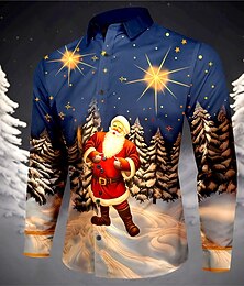 お買い得  -男性用 サンタクロース クリスマスツリー シャツ 長袖 カジュアル クリスマス デイリーウェア お出かけ 秋冬 折襟 プリント ボタンダウン グレー+パープル イエロー ルビーレッド ダークネイビー ロイヤルブルー