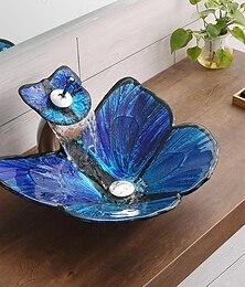 abordables -Lavabo de salle de bain en verre trempé artistique en forme de papillon, vasque à poser, vasque à poser avec robinet à cascade et combo de vidage escamotable