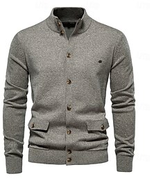 abordables -Hombre Cárdigan Tejer Tops regulares De Punto Color sólido/liso Cuello Mao Casual Casual Diario Ropa Otoño invierno Negro Verde Oscuro S M L