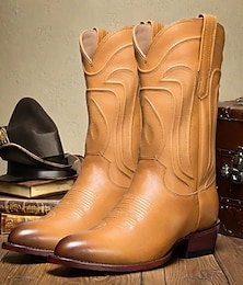 levne -pánské hnědé westernové kovbojské boty z umělé kůže s klasickou výšivkou - odolné a stylové rodeo boty pro country a outdoorové nošení