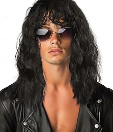 baratos -Peruca Masculina dos anos 80 Peruca Longa Cacheada Preta Peruca Rocker Fantasia Peruca de Halloween