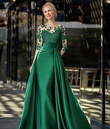 abordables -Vestido de gala en A elegante vestido formal cola de barrido  cepillo de manga larga cuello joya cinturón  cinta satén con aplique