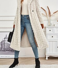 economico -cappotto con cappuccio da donna lungo in maglia a trecce morbido peluche caldo invernale capospalla beige bottone singolo casual manica lunga autunno inverno
