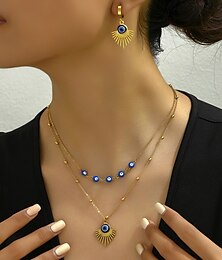 abordables -ensemble de bijoux en or contre le mauvais œil pour femme – collier et boucles d'oreilles créoles en forme de soleil avec perles bleues, amulette de protection de style bohème pour un usage quotidien et des occasions spéciales