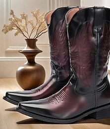 levne -pánské černé a vínové kovbojské boty z umělé kůže s vyšívaným designem - klasické westernové boty pro rodeo a outdoorové nošení