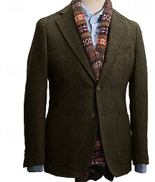 abordables -Hombre Chaqueta americana Cuello de muesca Vintage Oficina Espiga Ejercito verde Negro Color Caquí A Medida Dos botones de un solo pecho