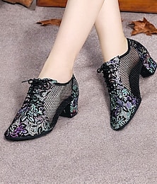 ieftine -pantofi de dans din piele neagră, cu șireturi, cu panouri din plasă și broderie florală, pantofi ușori pentru dans de sală, latin și jazz
