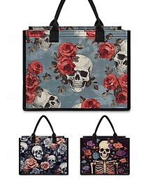 abordables -Bolso de mano con estampado de calaveras y rosas: bolso gótico grande para mujer, diseño floral vintage, perfecto para Halloween o para uso diario