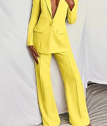 abordables -Femme Elégant Mode Grande occasion Ensembles de pantalons Pantalon large manche longue Revers Cranté Couleur unie Formel Travail Noir Jaune Rose Claire Printemps Standard