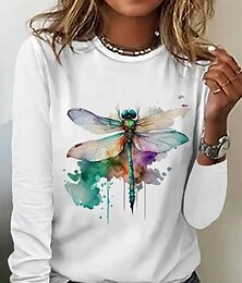 abordables -Camiseta Túnica 100% Algodón para Mujer Moda Casual Impresión de Manga Larga Tops Regulares Cuello Redondo Diario Blanca Primavera Otoño