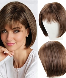 economico -parrucche corte castane per donne parrucca sintetica castana mista bionda con frangia parrucca naturale per feste quotidiane