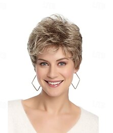economico -parrucca corta bionda chiara da folletto per donna parrucca sintetica naturale a strati con frangia parrucca cosplay sostitutiva resistente al calore