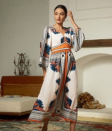 ieftine -rochie maxi boemia geometrică din satin cu decolteu în V