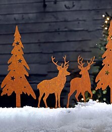 abordables -Árbol de Navidad de metal de 4 piezas y estacas rústicas de ciervo para jardín, juego de decoración navideña de 4 piezas para exteriores en color óxido, renos y árboles de Navidad para decoración de