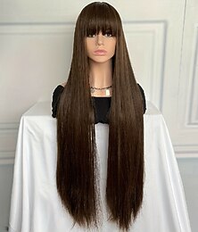 preiswerte -lange glatte Haarperücke - hitzebeständige Kunstfaser mit Pony oder Mittelscheitel - perfekt für Karnevals-Cosplay-Partys - modische Damenperücke