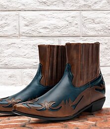 economico -stivali da cowboy western marroni e blu da uomo – design in similpelle ricamata per un abbigliamento casual e in stile country