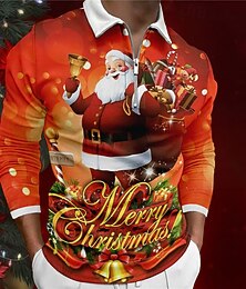 お買い得  -クリスマス メンズ サンタクロース 3D ジッパー ポロ サンタクロース カジュアル プリント 3D ジップ ゴルフ アウトドア カジュアル デイリー ストリートウェア ポリエステル 長袖 ターンダウン ジップ シャツ オレンジ 秋&amp;冬 S M L ラペルポロ