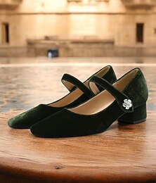 preiswerte -Grüne Mary-Jane-Pumps aus Samt für Damen – Blockabsatz mit quadratischer Zehenpartie und Strassschnalle, elegantes Design für Abend- und Vintage-Outfits