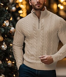 abordables -Hombre Pulóveres Punto de cable Tejer Cable Color sólido Cuello Mao Elegante Vintage Formal Hogar Ropa Obispo Otoño Invierno Negro Verde Trébol S M L