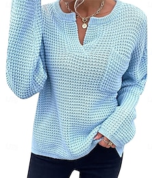 economico -Per donna Felpa Pullover Maglione Informale Morbido Colore puro A coste A V Lavorato a maglia Manica lunga Top regolari Maglia Esterno Giornaliero Fine settimana Blu Beige Autunno Inverno