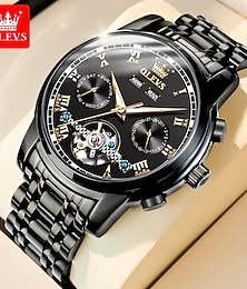 preiswerte -OLEVS TOP Marke Automatische Mechanische Uhren Herren Luxus Skelett Schwungrad Edelstahl Wasserfest Business Armbanduhr 6607