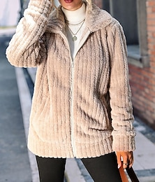economico -Per donna Giacca in pile Cappotto teddy Tenere al caldo Traspirante Cerniera Tasche In pile Informale Liscio Da mare Strada Da tutti i giorni Per uscire Cerniera Standard Collo ripiegabile Standard