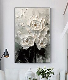 お買い得  -油絵 手描き 3D 花の絵 手作り パレットナイフ 花 油絵 壁アート 大きな 3D ホワイト テクスチャ 絵画 モダン 装飾画 印象派 抽象的 ホワイト 油絵
