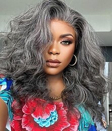 baratos -Perucas sintéticas Onda de Corpo Corte Assimétrico Peruca Médio Cinza Cabelo Sintético Mulheres Design de moda Macio Natural Cinza