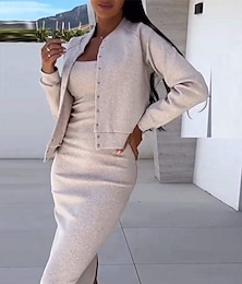 economico -Per donna Insieme del vestito Abito casual Insieme della gonna Informale Liscio Bottoni Vestito longuette Manica lunga Con bretelline Esterno Giornaliero Nero Fucsia Grigio Autunno Inverno Standard