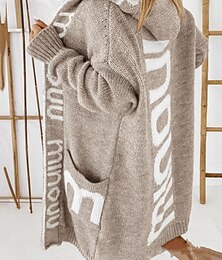 abordables -Femme Pull Chandail Gilet Cardigan Décontractées Flexible Lettre A côtes Capuche Poche Tricoté manche longue Hauts longs Tricoter Extérieur du quotidien Fin de semaine Marron clair Gris Automne Hiver
