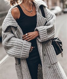 abordables -Femme Cardigan surdimensionné Cardigan épais Vêtement de rue du quotidien Décontractées Couleur unie Ouvrir le devant Tricoté manche longue Hauts longs Tricoter Travail Noir Gris Automne Hiver