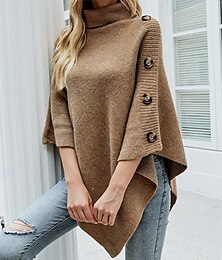 abordables -Femme Pull Chandail Pull Décontractées Flexible Couleur unie A côtes Col Roulé Boutons Tricoté Demi Manches Hauts réguliers Tricoter Extérieur du quotidien Fin de semaine Noir Rouge Automne Hiver