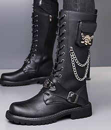 economico -stivali da motociclista con teschio gotico da uomo - stivali neri in similpelle con lacci, catena in metallo e cerniera laterale per stile motociclista e steampunk