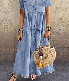 abordables -Robe en jean Robe casual Robe unie Femme Robe Maxi Bouton Poche Sport & Loisir Plein Air Décontractées Col de Chemise manche longue Standard Noir Bleu Bleu Ciel S M L XL 2XL