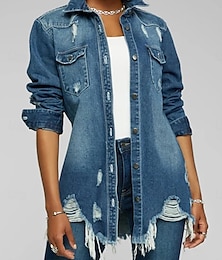 preiswerte -Damen Jeansjacke Outdoor Strasse Freizeitskleidung Herbst Winter Standard Mantel Regular Fit warm Atmungsaktiv Stilvoll Brautkleider schlicht Jacken Langarm Feste Farbe Mit Taschen Hellblau Schwarz