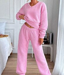 billiga -pyjamasset för kvinnor 2 delar tryck komfort hem daglig komfort varm v-ringad långärmad pullover byxa vår höst hem outfits